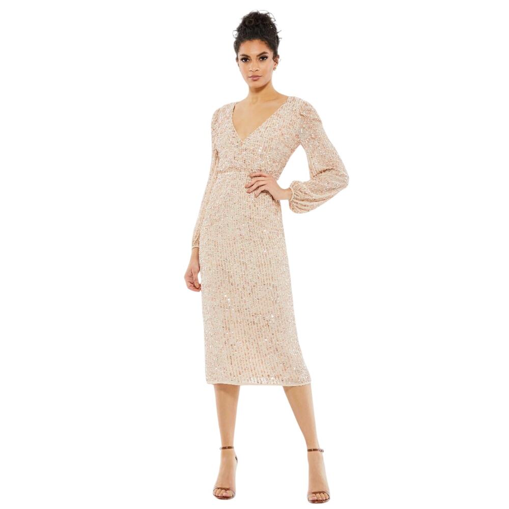 Mac Duggal NWT Sequined Illusion Puff Sleeve V-Neck Midi Dress in Nude Size 6